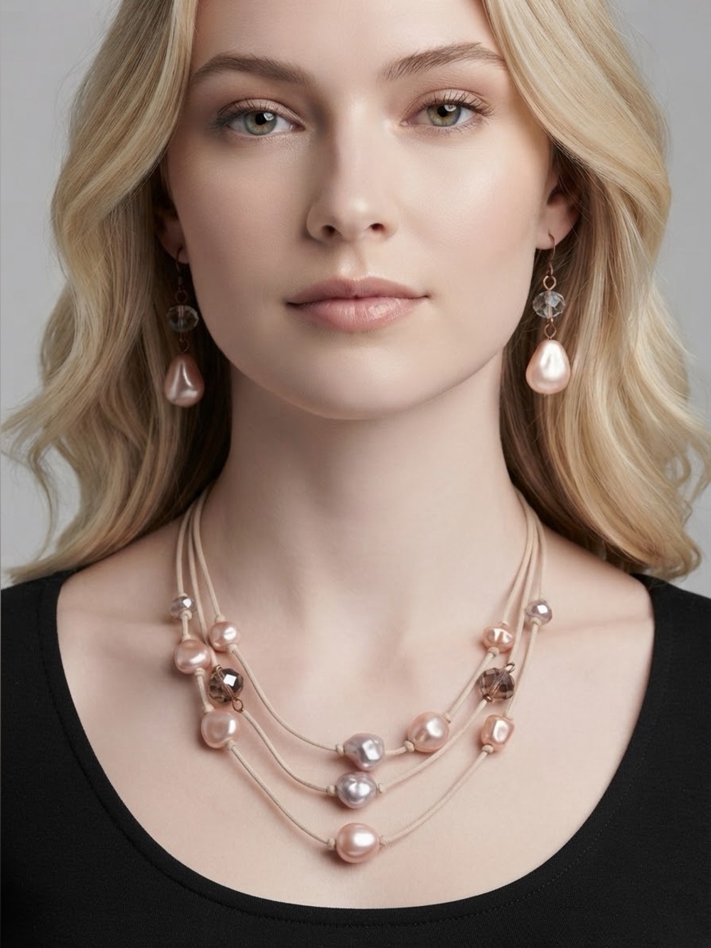 Boho Baroque Faux Pearl Necklace & Earrings Set | Pink Blush Mauve Champagne